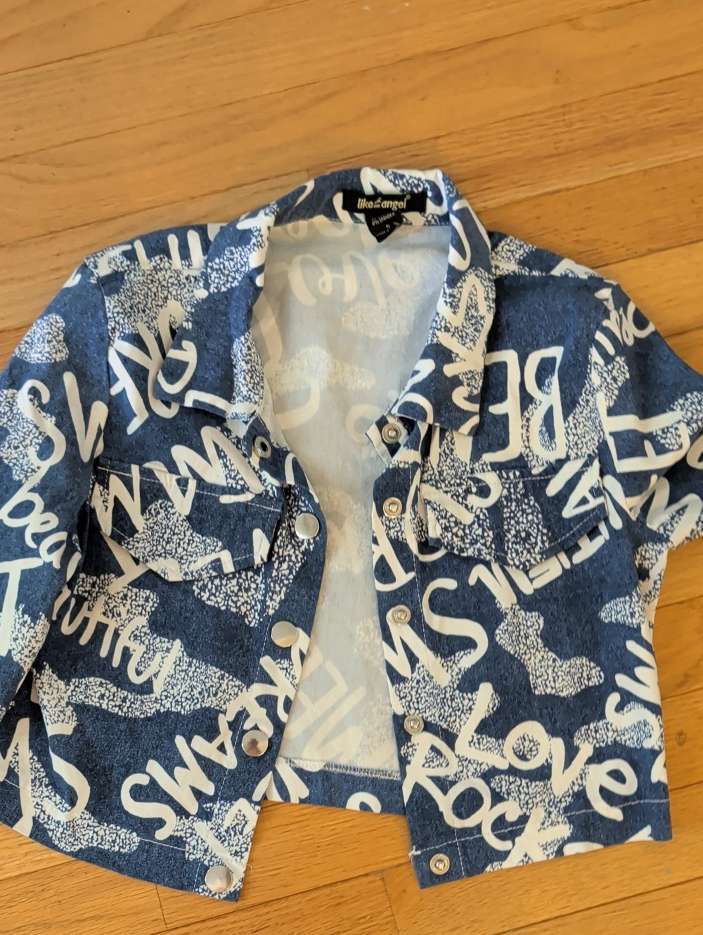 like an angel Blue and White Graffiti-Print Cropped Jean Jacket